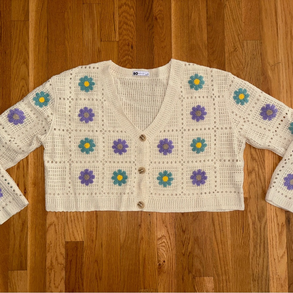 SO Cream Crochet Cardigan with Purple and Blue Flowers